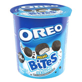 A container of Oreo - 14 Mini Bites ice cream with Oreo cookie pieces, showing 14 individual servings and a 105 milliliters volume.